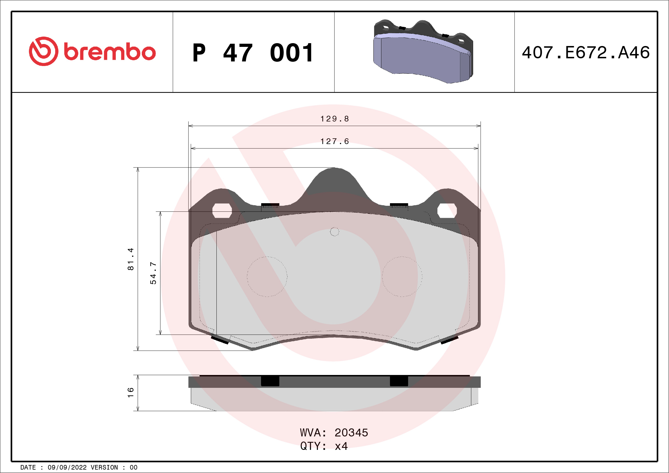 A.B.S. P 47 001 BREMBO Bremsbelagsatz, Scheibenbremse